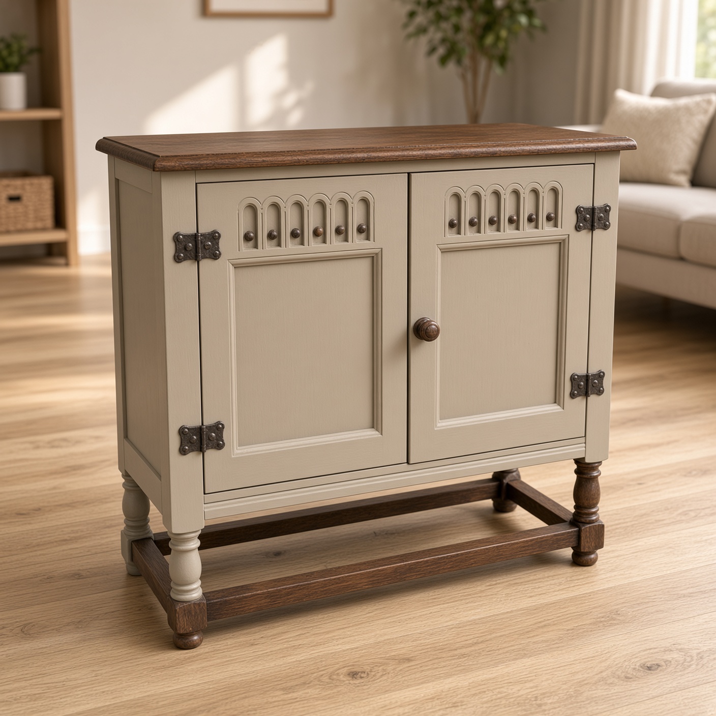 Carved oak cupboard, Greige