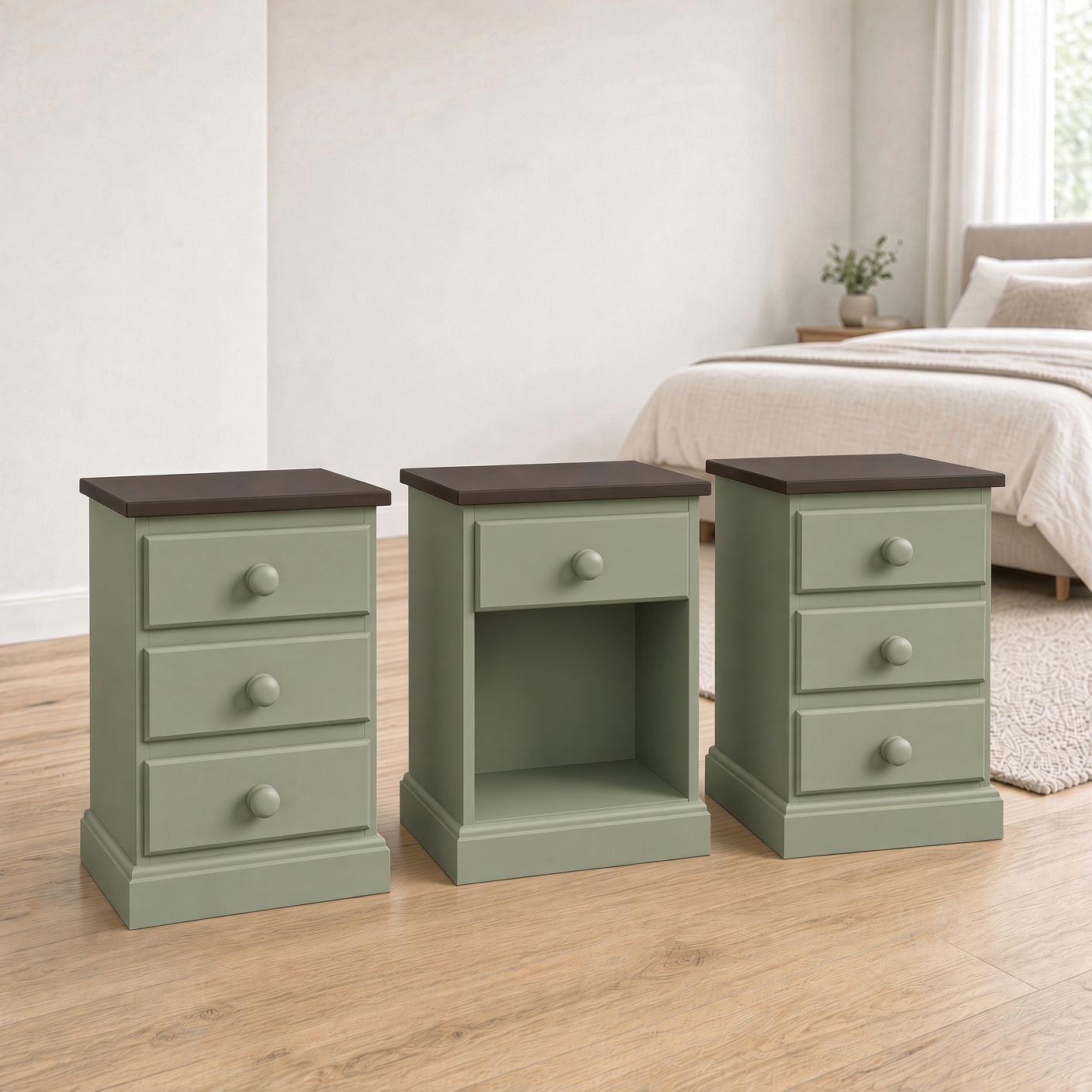Three drawer pine bedside, Sage/Black